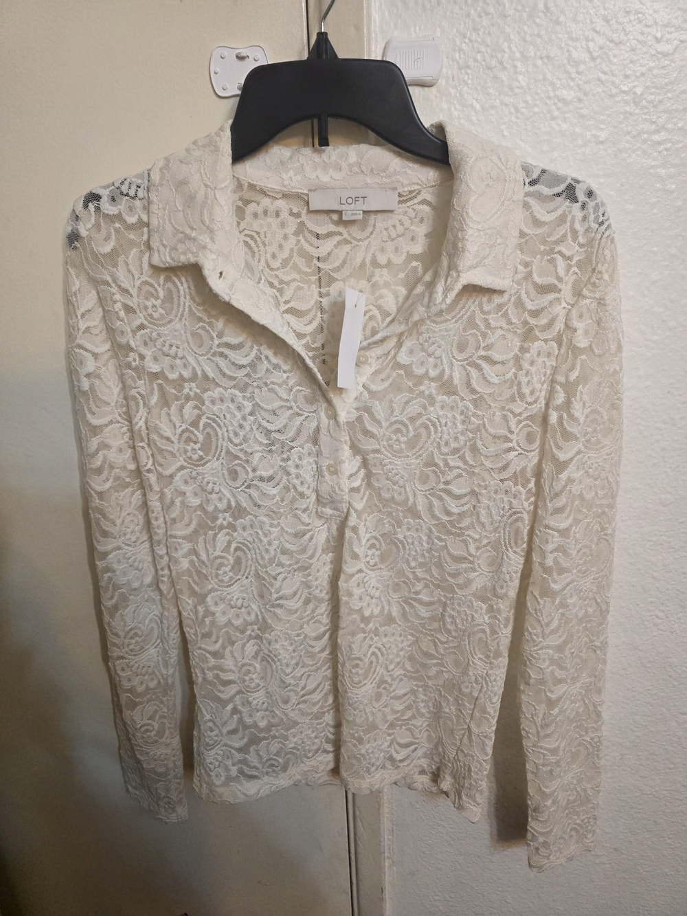 LOFT Women's Cream Lace Button-Front Sweater